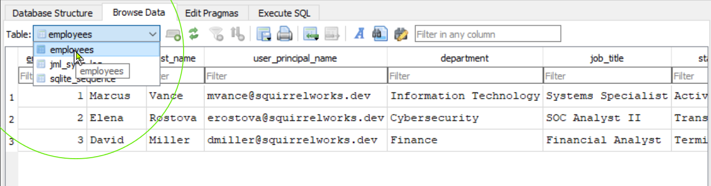 DB Browser for SQLite showing employees table on APP1